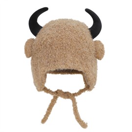 Winter Warm Plush Ear Hat Cute Devil Horns Beanie Cap Thermal Fleece Windproof Hood Earflap Ski Cycling Hat for Women Girls Camel
