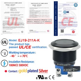 2Pcs 19mm Push Button Switch 3/4" Black Momentary Waterproof IP67 Metal Flat Round Top 12V 24V 36V 110V 250V 5Amp SPST, UL Certification