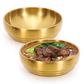 Roucerlin 2Pcs 7.3In Gold Large Stainless Steel Soup Bowl, 35OZ Double Walled Sashimi Dish, Unbreakable Serving Bowl Rice Bowls Soup Bowl Salad Bowl Noodle Bowl for Restaurant, Home (2)