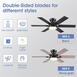 Goniyado 46" Low Profile Ceiling Fans with Lights and Remote,Black Indoor Ceiling Fans with Quiet Reversible DC Motor, Modern Flush Mount Fans Light for Bedroom Kitchen