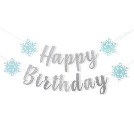 Winter Wonderland Happy Birthday Banner - Blue and Silver Glitter Winter 1st Birthday Banner,Winter Onederland 1st Birthday Decoration,Snowflake One Birthday Banner