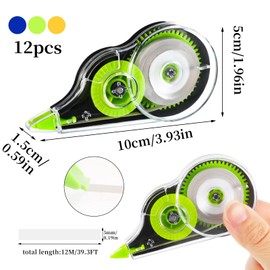 12 PCS White Out Tape, 39 Feet Each Correction Tapes Mouse White Wipe Out Easy Fast Eraser Correct Tape Roller for Students School Office(Green,Yellow,Blue)
