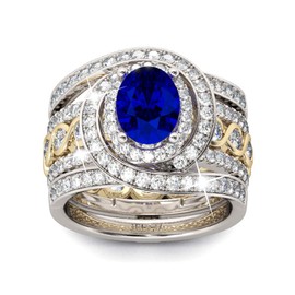 Jeulia Oval Solitaire Engagement Silver Ring: Sterling Bridal Ring Sets Sapphire Blue Cubic Zirconia Wedding Eternity Band with Jewelry Box (Blue, 5.5)