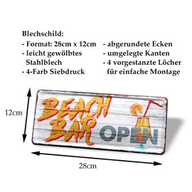 Beach Bar Open Tin Sign - Retro Decorative Metal Sign - Decoration for Party Room Party Room Bar Kitchen Garden Serving Counter - Gift Idea for Cocktail Drinkers Long Drinks Lovers - 28 x 12 cm