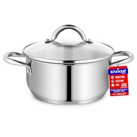 Olla de acero inoxidable con tapa de vidrio templado de 3 cuartos, acero inoxidable 18/0 duradero, base con unión por impacto para calentamiento uniforme, asas con remache, compatible con horno y