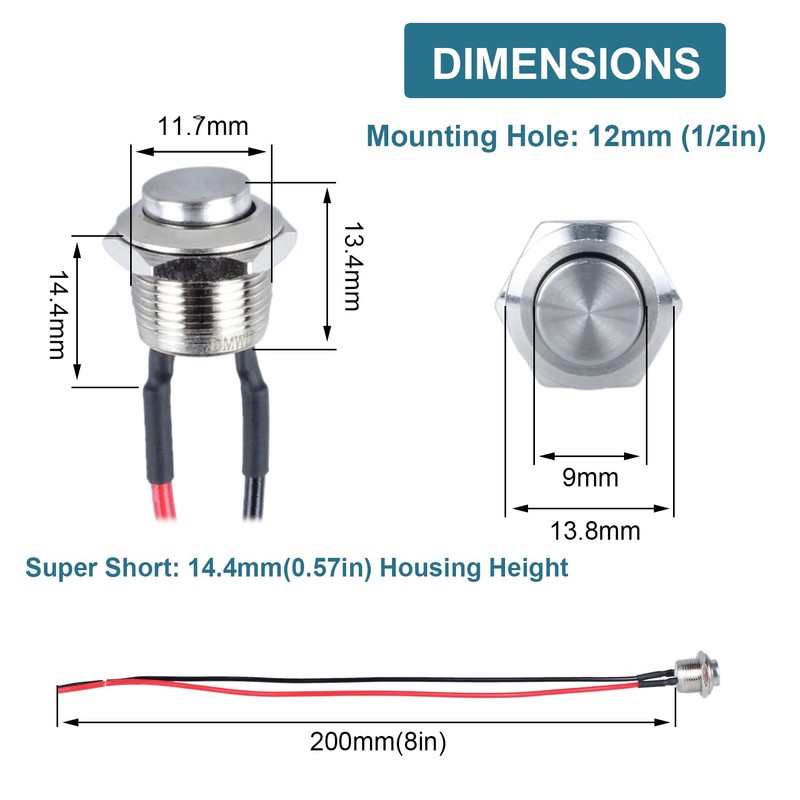 DMWD 2pcs 12mm Super Mini Metal Waterproof Anti-Vandal Momentary Push
