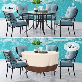 Tuyeho Round Patio Furniture Cover, Durable Oxford Fabric Outdoor Round Table Cover, Waterproof, UV & Rip Resistant Patio Table and Chairs Set Cover, 62" Dia x 28" H Beige & Brown