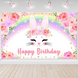 Avezano Bunny Birthday Banner Pink Floral Rainbow Bunny Happy Birthday Party Decorations Bunny Birthday Banner Decorations for Girls Rabbit Spring Easter Birthday Party Supplies 70.8 x 43.3 Inch