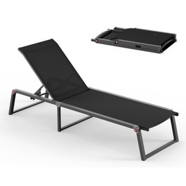 Aluminum Chaise Lounge Chair Outdoor, Foldable & Assembly Free Patio Pool Lounge Chairs 5-Position Recliner for Outside Poolside, Fully Grounded Legs Sun Lounger for Beach, Yard, Black