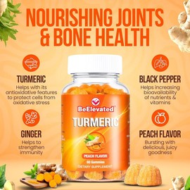 Turmeric Curcumin Gummies - Adults Joint Support, 2000mg Extract with Black Pepper & Ginger. Vegan Peach-flavored Edible Dietary Vitamins Supplement