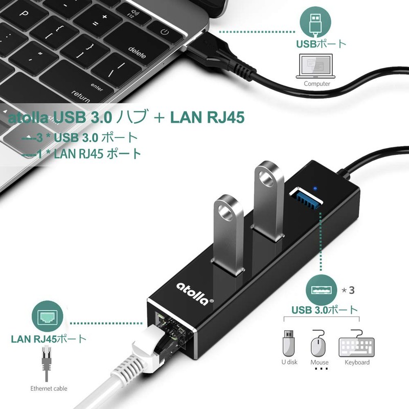 atolla USB3.0 Hub Wired LAN RJ45 Adapter, USB HUB 3