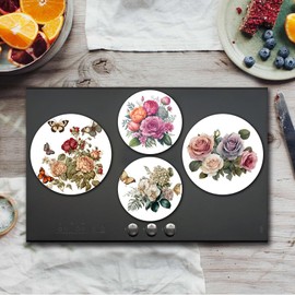 Flower Round Metal Hob Covers Set of 4 Stove Cooker Hob Covers for Cookers Gas Stove Protector Cookware Accessories Modern Cooktop Decor