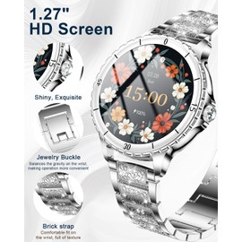 niolina Smart Watches for Women, 1.27" HD Smartwatch with Diamond Strap Compatible Android/iOS, Answer/Make Call, IP68 Waterproof Fitness Tracker with Heart Rate, Sleep Monitor, 120+ Sports, Silver