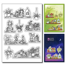 Arbuya Bookshelf Clear Stamps for Planners Journals Books Plants Rubber Stamps for Back to School Books Reading Journals Scrapbooking Decoration