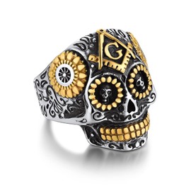 Bandmax Stainless Steel Sugar Skull Ring for Men Women Masonic Symbol Rings Mens Statement Rings Gothic Punk Rock Skull Skeleton Rings Size 13 Freemason Masonic Gift