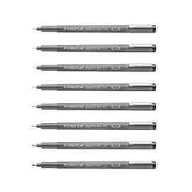 STAEDTLER Pigment Liner Pack, Black, 8 Pens, Assorted Line Widths, 0.05mm, 0.1mm, 0.2mm, 0.3mm, 0.5mm, 0.8mm, 1.0mm, 1.2mm