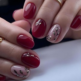 Short Press on Nails Cherry Red Square Fake Nails Black Leaf Designs Acrylic Nails Glossy Red with Gold Foil Full Cover False Nails 24pcs Artificial Short Glue on Nails for Women