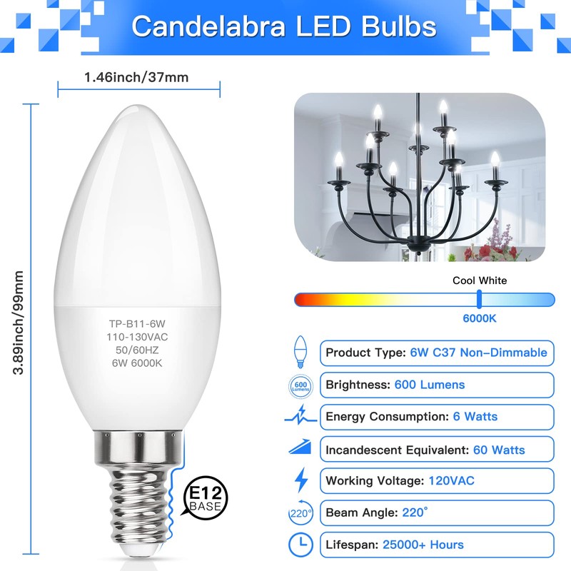 MAXvolador E12 LED Candelabra Light Bulbs 60W Equivalent, Cool White