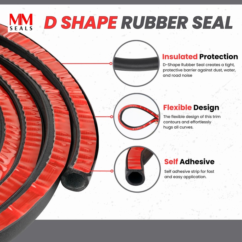 Seal Rubber D-Shape Door Seal, Fits Gap 0.3-0.44 inch (7-12mm),
