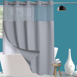 Conbo Mio No Hook Waffle Weave Shower Curtain with Snap in Liner Set, Hotel Luxury Grey Shower Curtains for Bathroom with See Through Top Window, Waterproof, Washable 71W x 74H