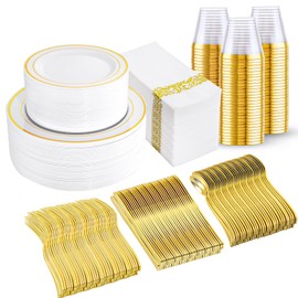 350 Pcs Gold Dinnerware Set, Plastic Plates Disposable for 50 Guests Include:50 Gold Rim Dinner Plates, 50 Gold Dessert Plates, 50 Paper Napkins, 50 Cups, 50 Gold Silverware Set Perfect for Party