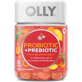 OLLY Probiotic + Prebiotic Gummy, Digestive Support and Gut Health, 500 Million CFUs, Fiber, Adult Chewable Supplement for Men and Women, Peach, 30 Day Supply - 30 Count