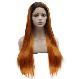 Mxangel Long Straight Ombre Orange Synthetic Lace Front Wig Black Roots Half Hand Tied Heat Resistant Fiber Hair Wig