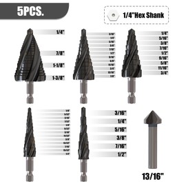 METOTY 5 Pcs Step Drill Bits Set Cobalt & High-Speed Steel Kit for Metal, Stainless Steel, Aluminum, Wood, Plastic - Impact Ready with 1/4" Hex Shank
