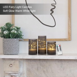 Fanna 3 Fairy Light Candle Lanterns with Remote for Table Centerpiece Decor, Embedded Twinkle String Lights in Battery Operated Flameless Candles for Christmas - Grey Acrylic - H 4"/5"/6"