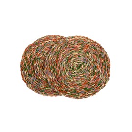 KAZI Essentials Boho Round Woven Trivets - Set of 2, Natural Wicker Raffia Hot Pads, Braided Heat Resistant Non-Slip Weave, Eco-Friendly Handmade by African Artisans (10" Round, Rainbow Orange)