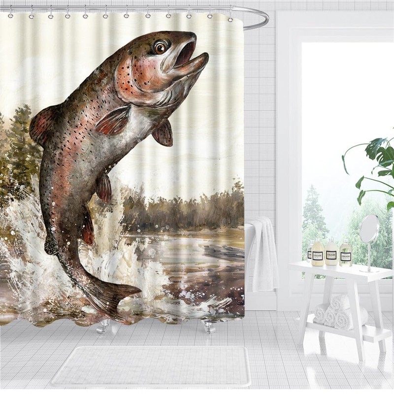 OuElegent Fish Shower Curtain Trout Fish Jumping Bathroom Curtain Lake