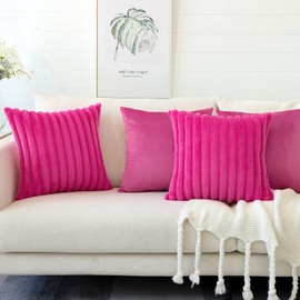 JOTOM Set of 4 Faux Fur Plush Cushion Cover Decorative Throw Pillow Covers Striped Soft Fuzzy Pillowcase Cozy Velvet Square Pillow Covers for Couch Sofa Bedroom Home Car Decor 45x45 cm (Hot Pink)
