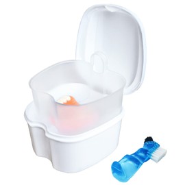 Keedolla Denture Soaking Box Orthodontic Retainer Bath Case with Strainer Basket, False Teeth Container Dental Denture Bath Box Case Cup for Travel Cleaning - White
