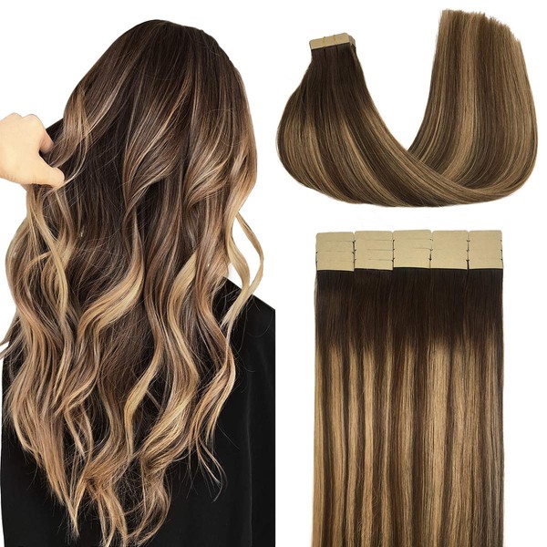 DOORES 20pcs Hair Extensions Tape in Human Hair Balayage Chocolate Brown to Caramel Blonde Remy Silky Straight Hair Extensions Tape in Skin Weft Natural Hair Extensions 50g 20 Inch