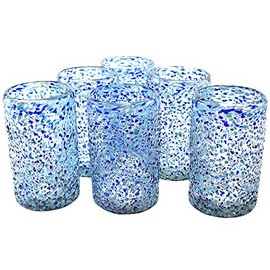 MAREY Handblown Drinking Glasses Artisan Crafted from Mexico Set of 6 pieces (Sky Blue Hail, Water 14 fl.Oz.)