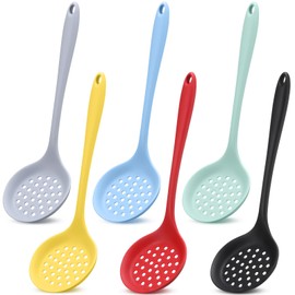 Jingmore 6 Pcs Silicone Slotted Spoons Large Skimmer Spoons for Cooking Kitchen Ladle Strainer Heat Resistant Non Stick Silicone Strainer for Straining Vegetables, Pasta and More