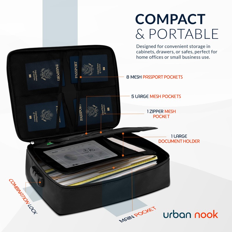 Urban Nook Fireproof Document Box - 3-Layer Lockable Storage Box,