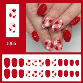 Red Press on Nails Medium Almond Fake Nails with White Red Heart Design Valentines Glue on Nails Reusable Valentine’s Day False Nail Glossy Heart Nail for Women Manicure 24pcs