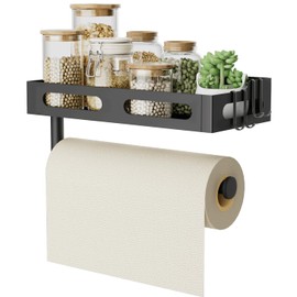 Paper Towel Holder Wall Mount for Kitchen, One-Handed Tear, Bathroom Paper Towel Holder with Shelf, Spice Rack & RV Paper Towel Rack, Paper Roll Holder with 4 Hooks, Matte Black