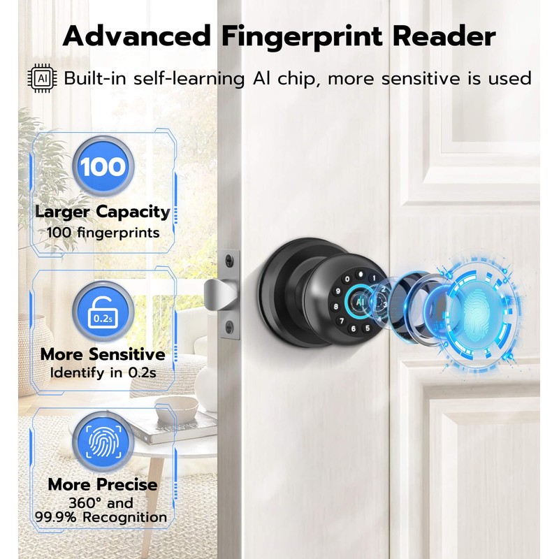 Anweller Smart Door Knob with Lock, Fingerprint Code Keypad Keyless
