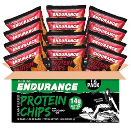 Natural Endurance Protein Chips - Barbecue Chips, Low Carb Chips, High Protein Snack, Vegan Protein with Avocado Oil, 14g Protein Per Bag, Gluten Free, BBQ Flavor - 1.38 oz Bags (Pack of 12)