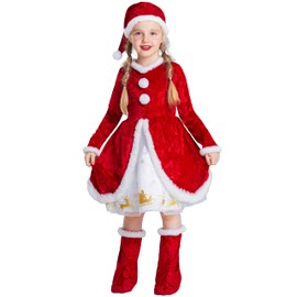 IKALI Girls Red Velour Christmas Dress Mrs Claus Costume, Kids Toddlers Holiday Party Santa Claus Costume Outfit with Hat & Boot Covers