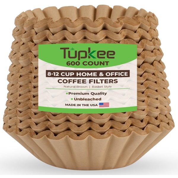 Tupkee Coffee Filters 8-12 Cups - 600 Count, Basket Style, Natural Brown Unbleached Coffee Filter, Made in the USA