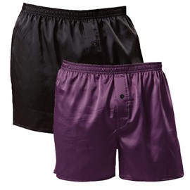 Men's Silky Satin Boxers Shorts Pajama Shorts Bottom Loose Satin Underwear Sleepwear Boxers (2P_(Black+Purple), Large)