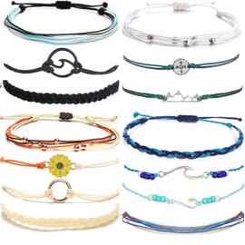 String Wave Anklet Bracelets for Women Mountain Strand Braided Rope Sunflower Waterproof String Anklets Bracelet Set for Teen Girls Summer Beach Jewelry… (Mountain)