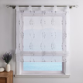 ESLIR Roman Blind with Loops, Kitchen Curtains, Modern Roman Curtains, Transparent Tab-Top Blind, Embroidered Curtains with Embroidery, Grey, W x H 100 x 140 cm
