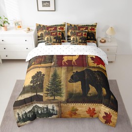 Erosebridal Rustic Farmhouse Comforter Set 7 Pcs Full,Retro Cabin Lodge Down Comforter,Hunting Bear Deer Bed in a Bag,Country Maple Leaves Duvet Insert,Rustic Woodland Pine Tree Sheets,Red Brown