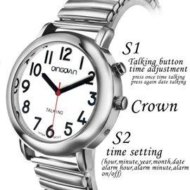 QINGQIAN EnglishTalking Watch Suitable for the elderly and visually impaired for unisex styles (Silver)