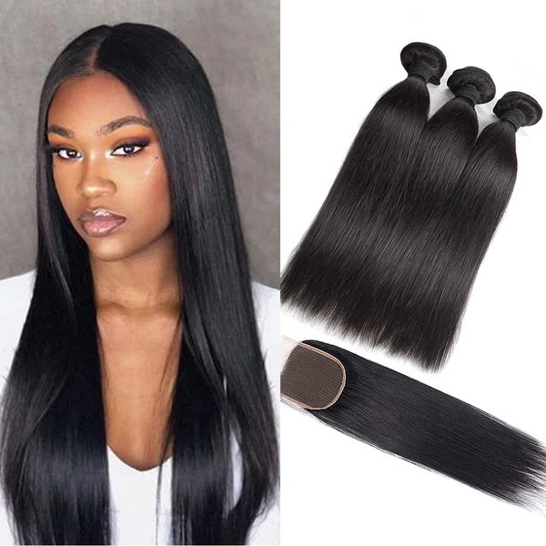 Brazilian Straight Hair With Closure 100% Unprocessed Remy Human Hair 3 Bundles 4x40cm Lace Closure Natural Color (42 16 18 12)
