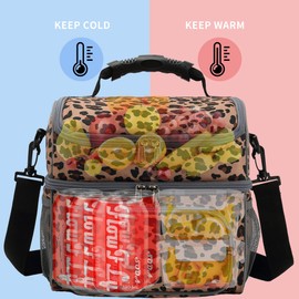 FlowFly Insulated Lunch Bag Adult Lunch Box Large Tote Double Layer Cooler for Men, Women, with Adjustable Strap,Front Pocket and Mesh Side Pockets,Leopard